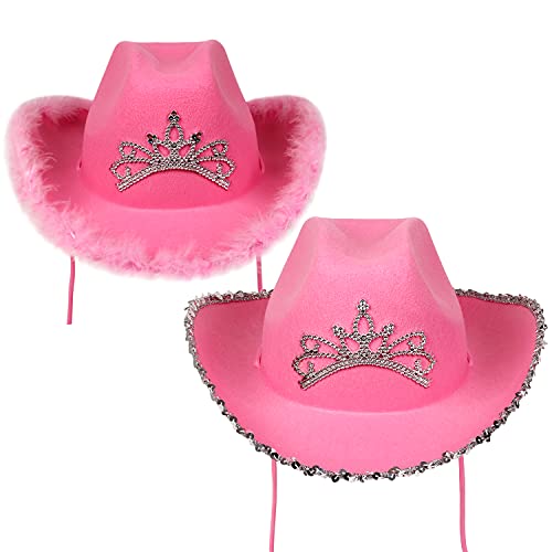 VORON 2Pack Blinking Tiara Felt Cowboy Cowgirl Dress Up Hat With Feather Trim Cowboy Hat for Women Rodeo Western Cowgirl Hats for Girls, Adult Cowboy Hats for Dress-Up,Parties & Play Costume