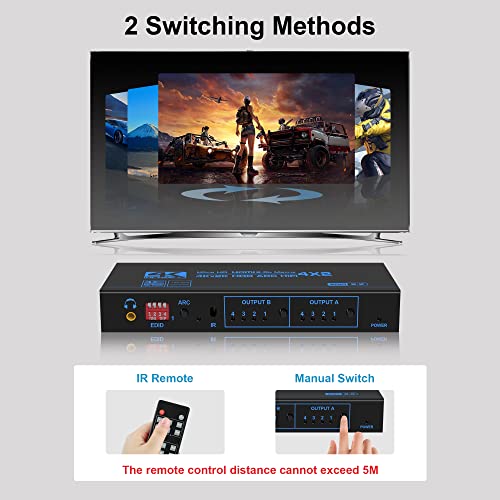 image for 4K@60Hz HDMI Matrix Switch 4X2 with ARC, avedio links 4 in 2 Out Matri