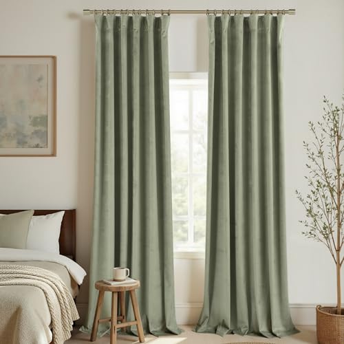 KOUFALL Sage Green Velvet Curtains 96 Inches Vintage French Country
