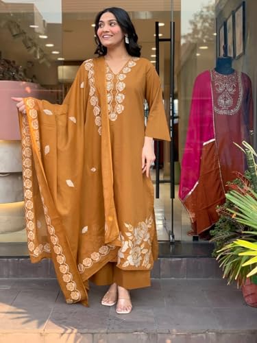 Image of ANNI Designer Women Embroidered Straight Kurta Palazzo Dupatta Set Rayon Viscose Kurti Pant Set Ladies Ethnic Wear for Office Festive Daily Use