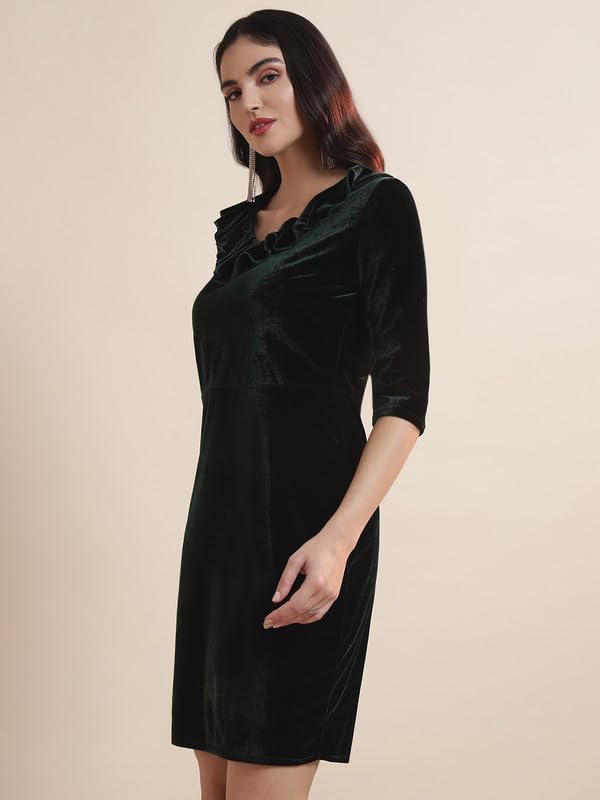 Image of Vaararo V-Neck Party Dress for Women Bodycon | Shiny Velvet Half Sleeves Above Knee Length Outfit