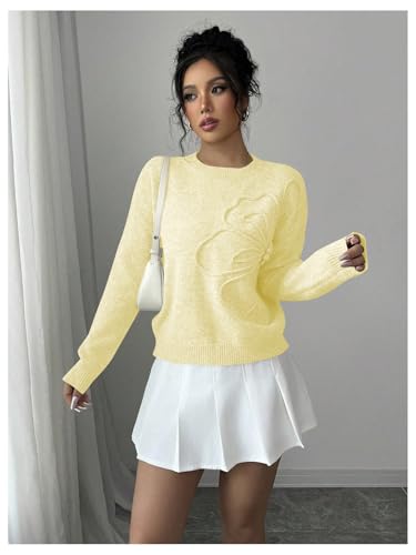 Image of Verdusa Women's Spring 3D Flower Appliques Crewneck Sweaters Long Sleeve Drop Shoulder Pullovers Knit Going Out Tops