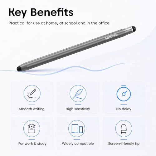 Image of Sounce 2-in-1 Stylus Pen for All Touch Screen Devices - Fine Point Tip, High Sensitivity Capacitive Pen | Compatible with iOS, Android, Windows Tablets, iPad & Smartphones - Aluminum, (Grey)