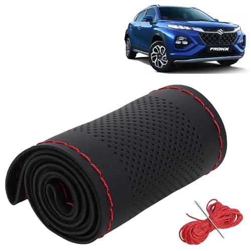 Image of KINGSWAY PU Leatherite Car Steering Cover Sewable Compatible with Maruti Suzuki Fronx (Year 2023 Onwards), Black Color with Red Thread, Pack of 1 with Sewing Needle and Thread