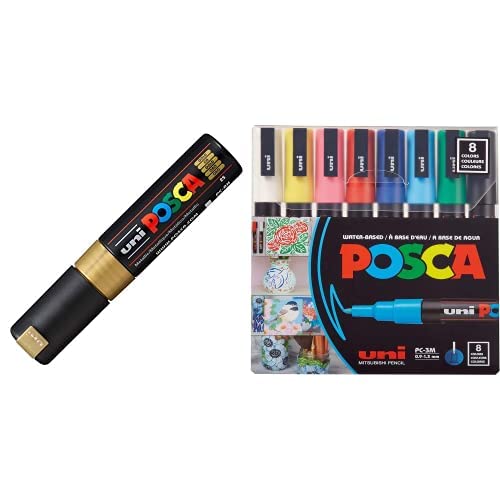 Posca Full Set of 8 Fine Point Pens + Gold Acrylic Paint