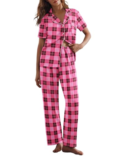 Image of Ekouaer Womens Pajamas Set Print PJs Soft Button Down Sleepwear Short Sleeve Lounge Set with Pockets