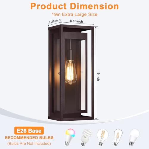 Image of 19 Inch Bronze Outdoor Wall Light Fixtures, 2 Pack Porch Lights | Large Size, Anti-Rust, Waterproof, Tempered Glass, Easy Installation, Exterior Wall Sconces for House Entryway Garage