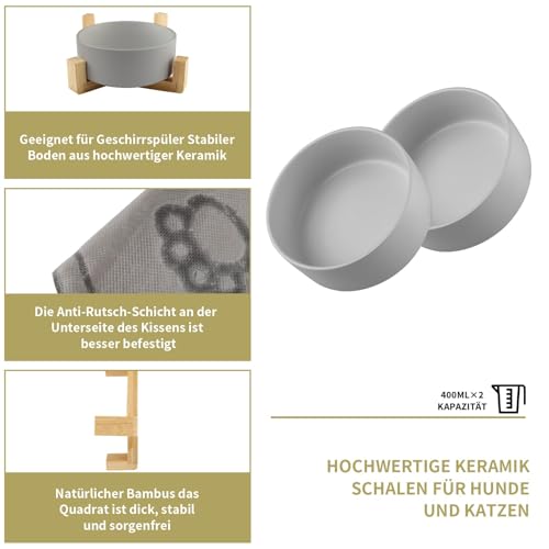 Vexillic Hundenapf Keramik, 400ML Doppel Futternapf Hund, Hundenapf Erhöht mit Bambus Ständer und Rutschfestem Matte für Kleine Bis Mittlere Hunde