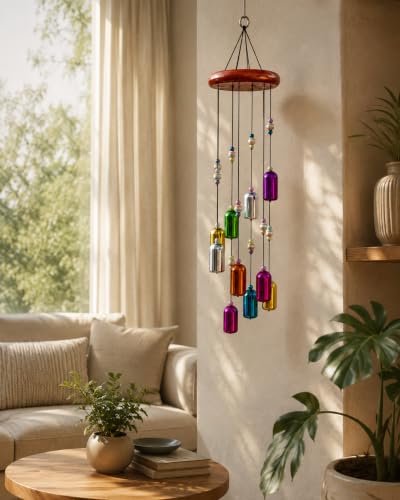 Image of Decorative Wind Chime for Home | Wooden House with Bells Colourful Beads | Positive Energy Balcony Living Room Hall Garden Home Decor (Bells Wind Chime)