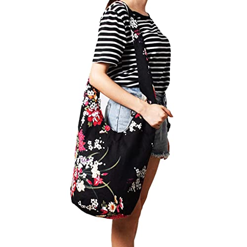 Witery Women's Cotton Sling Hippie Bag - Handmade Floral Large Hobo Bag Crossbody With Zippered Closure, Ethnic Boho Tote Shoulder Bag For Everyday/Beach/Outdoor Activities #TOP1