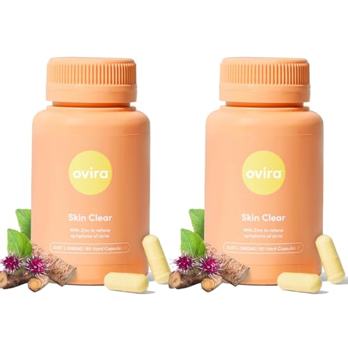 Ovira Skin Clear with ZINCBRIGHT - 60 Capsules for Clear and Glowing Skin | Rosacea & Hormonal Acne Treatment | Support Collagen Production | Acne Supplements for Women & Men - Pack of 2