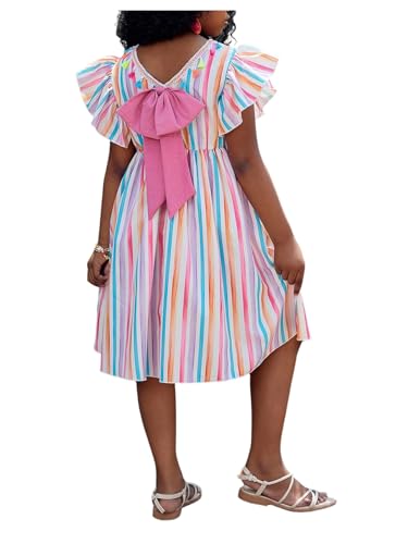 Floerns Girl's Kids Clothes Striped Ruffle Sleeve Bowknot Tassel Trim Cute Summer A Line Dresses