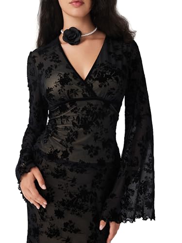 CIDER Women's Floral Mesh Long Sleeve Top V Neck Going Out Date Night Blouse3