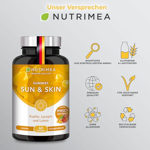 PERFECT SKIN Sun & Skin Selbstbräuner Gummies - Bräune + Hautschutz - Mit VITAMIN A E Antioxidantien 100% VEGAN OHNE Zucker - Bräunungsverstärker