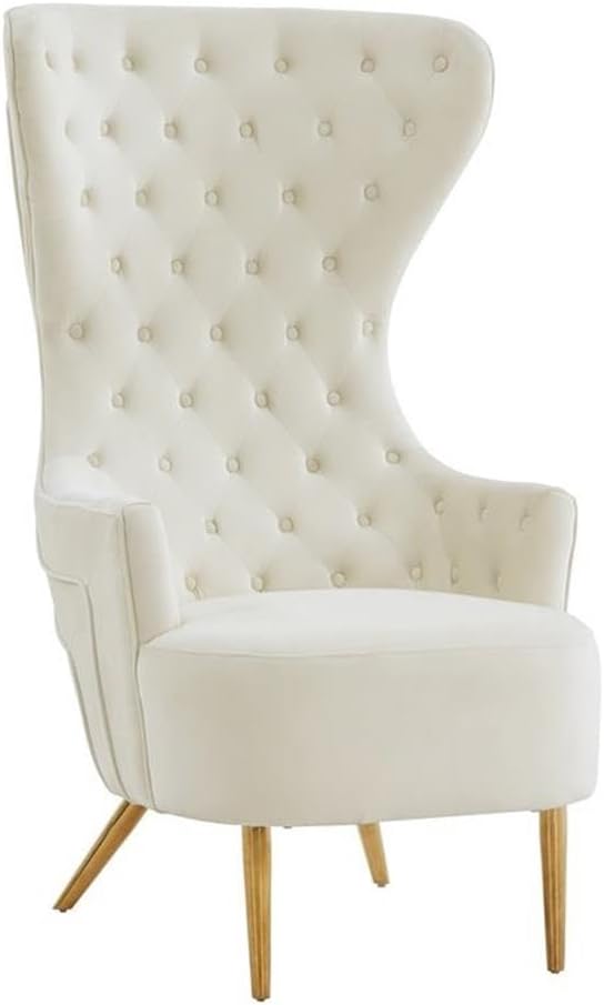 Pemberly Row Modern Cream Velvet Wingback Accent Chair, Gold Accents, Button Tufting, Handmade Comfort for Living Room Bedroom