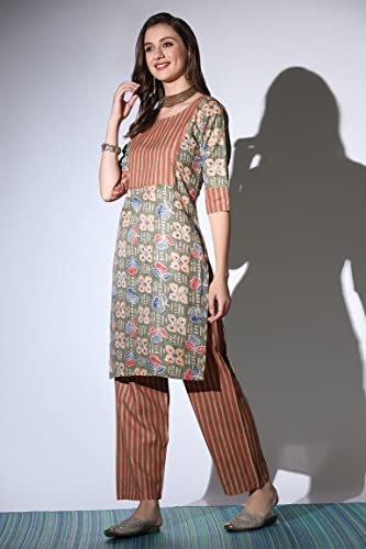Image of DHRUVI TRENDZ Women's Cotton Blend Fancy Kurta Set | Regular Fit Kurti Sets for Woman | Floral Printed Kurta Sets for Woman Daily Outfits | Cotton Ethnic Traditional Straight Kurti Set for Office