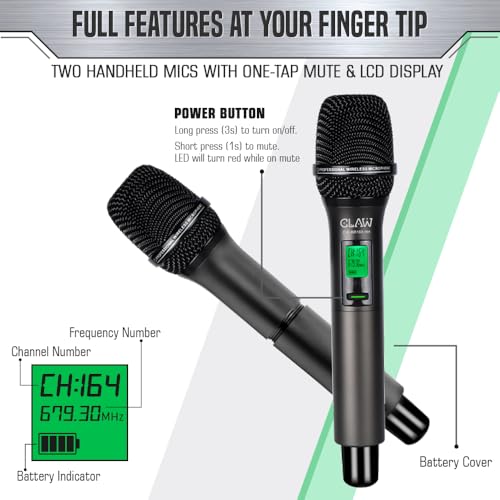 Image of CLAW CW-BR100HH Dual Channel UHF Wireless Microphone System with 2 Handheld Mics, One-Tap Mute, Auto IR Frequency Scan & Lock, LCD Display, 100m Range, XLR & 6.35mm Output for Stage, DJ & Karaoke