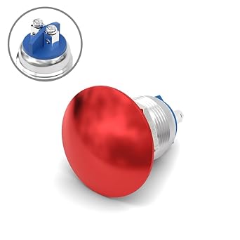 16mm Mushroom Head Momentary Push Button Switch - IP65 Waterproof Metal Start Button, SPST 1NO Screw Terminal, Stainless Steel 5A 250V for Industrial Marine Boat Automotive Red