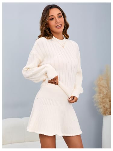 Image of MakeMeChic Women's Sweater Skirt Sets 2 Piece Outfits Ribbed Knit Mock Neck Sweater Pullovers A Line Mini Skirt Set