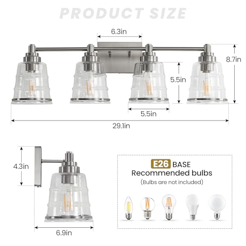 Image of Brushed Nickel Bathroom Vanity Light Fixture, 4 Light Bathroom Light Fixtures Over Mirror with Clear lampshade and Metal Base Sconce,29.1 inch Modern Vanity Light for Bathroom(Exclude E26 Bulb)