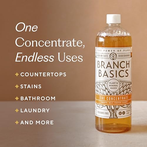 Branch Basics Cleaning Essentials Kit: All Purpose, Glass and Bathroom Cleaner - Concentrate (33.8 Oz) (17 Refills) + Refillable Plastic Spray Bottles (24 Oz) Plant Based, Human-Safe, & Fragrance Free