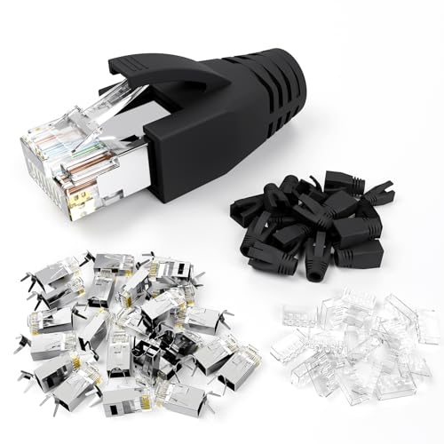 VCE RJ45 Connectors CAT7-CAT6A UL-Listed 30-Pack Non-Pass-Thru, Shielded Modular Plugs Gold Plated Network Ends for 23AWG Ethernet Cable with Strain Relief Boots - Black