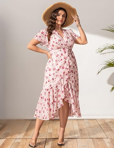 Women’s 2025 Floral Summer Dress Wrap V Neck Plus Size Boho Belted Ruffle Hem Flowy Maxi Dresses3