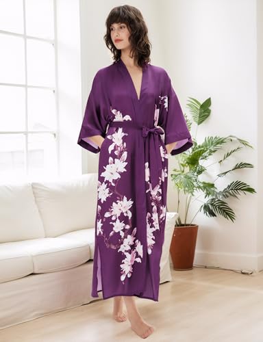 Image of BABEYOND Kimono Robe Cover up with Box Long Floral Satin Sleepwear Silky Bathrobe Bachelorette Robe