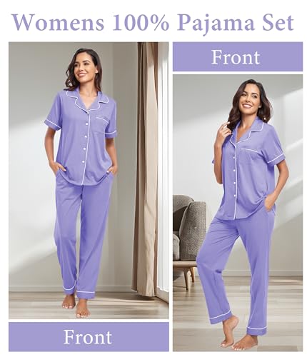 Image of CF Womens 100% Cotton Pajamas Set Button Down Pjs Sets Short Sleeve Top & Long Pants Sleepwear Comfy Loungewear with Pockets