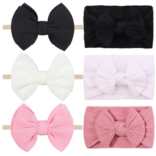 6Pcs Nylon Headbands Hair Bows for Baby Girls Handmade Hair Band With Bows Hair Accessories for Newborn Baby Infant Toddler Kids (6pcs black white pink, mid)
