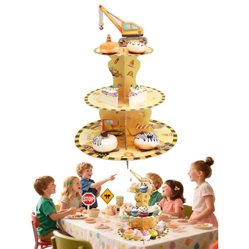 3 Tier Construction Cupcake Stand,Cupcake Stand Cardboard – Easy to Assemble& Reusable(3Vehicle)