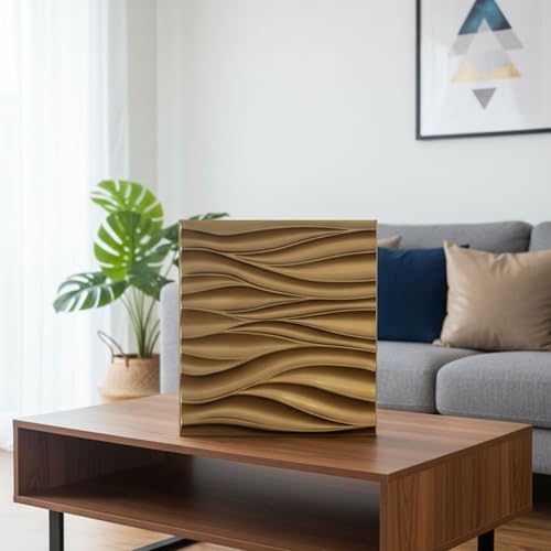Image of Kayra Decor 3D PVC Wall Panels Wave Design - Golden Color | 19.7 inch x 19.7 inch (Pack of 40) - Covers 107.60 Sq. Ft | Premium Home & Office Wall Decoration