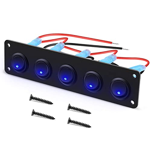 RUNCCI-YUN Panel de Interruptor Basculante de 5 bandas,Panel de interruptor de palanca de LED Azul 12-24V,SPST Interruptor Coche Redondo para coche, caravana, camión, barco