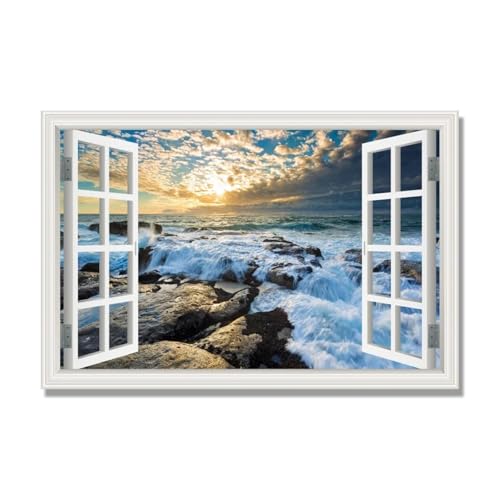 Tableau sur Toile Fenetre Impression 3D Effet Trompe-l'Œil pour Agrandir Visuellement le Salon