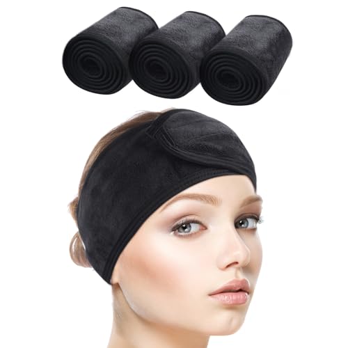 SINLAND Haarband für Make Up,Mikrofaser Haarband,Kosmetik Stirnband Frottee,Verstellbare Haarschutzband mit Klettverschluss Haarbänder kosmetik für Gesicht,Sport,Yoga,Spa,3 Stück Schwarz