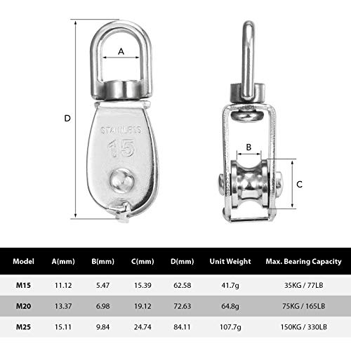 Polia, Andoer 3 peças de elevação única polia de aço inoxidável para serviço pesado, única roda, blo