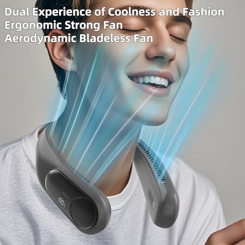 Image of Portable Neck Fan, Personal Wearable Bladeless Fan for Outdoor Indoor, LED Display, 360 Cooling, 4-Speeds, 6000mAh USB Rechargeable, Birthday Gifts for Men Women Dad Mom (Dark grey)