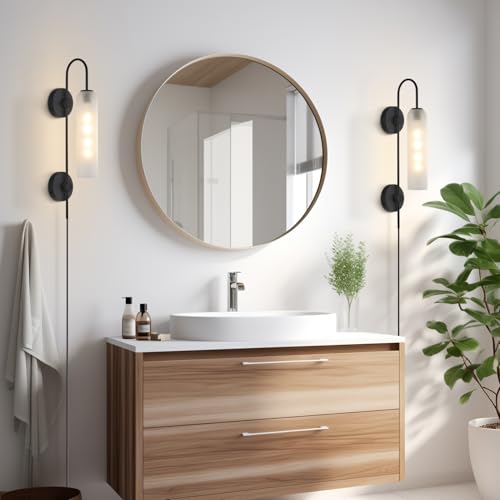 Image of BOKT Black Wall Lights Plug in for Bedroom, Frosted Milky White Glass Wall Sconce Decor, Large Modern Wall Sconces for Living Room
