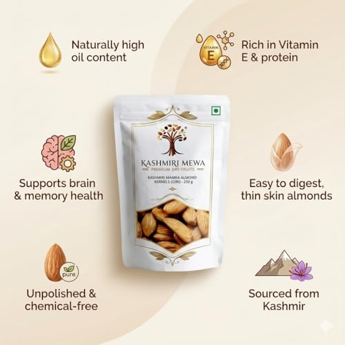 Image of Kashmiri Mewa Kashmiri Mamra Almonds 1kg - Original Kagzi Badam, Crunchy, High Oil Content, Naturally Grown, Raw Organic Nut, Premium Best Fresh Dry Fruits, Healthy Daily Nutrition