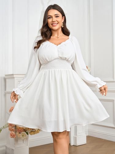 SCOMCHIC Womnes Plus Size Long Sleeve Mini Dress Smocked Elastic Waist Sweetheart V Neck A Line Dresses4