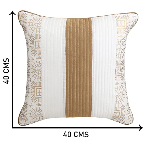 Image of Gifts Island Combo Silk Traditional Striped & Rajasthani Warli Golden Hand Printed Pillow Cushion Covers 16x16 inches Set of 5 & Round Pillow Bolster Covers Set of 2 16x32 inches (White)