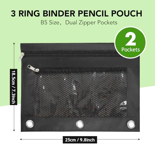 Image of Pencil Pouch for 3 Ring Binder, Heavy Duty Canvas Dual Zipper Pen Bag with Clear Window, Smooth Metal Zipper, Fit Standard 3-Ring Binders for School Office Travel Supplies (Black)