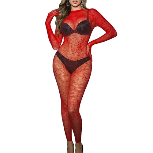 Inquekets Fishnet Bodysuit for Women, Red Spider Web Long Sleeve Ankle-Length Tight Mesh Jumpsuit Costume Elastic Bodystocking for Halloween Rave Festival Outfits Party