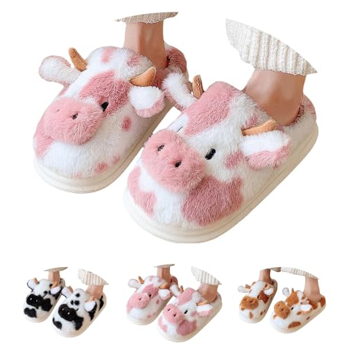 Genérico Pantuflas de vaca para mujeres y hombres pantuflas de felpa suaves y antideslizantes zapatos cálidos de invierno con espuma viscoelástica cómoda