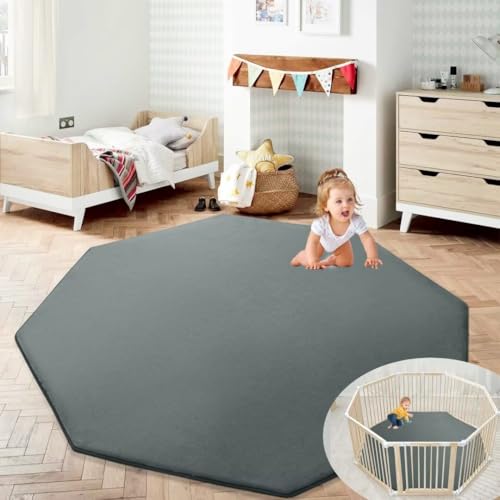 Image of HOMBYS Memory Foam Baby Play Mat Extra Thick for Playpen, 61x61 Portable Octagon Playpen Mat for Kids, Toddler Crawling & Play, Super Soft Velvet with Non-Slip Backing Baby Playpen Mat(Dark Grey)