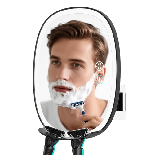 COSMIRROR Heated Shower Mirror Fogless for Shaving, Lighted Shaving Mirror with 2 Razor Holders, 5000mAh Rechargeable No Fog Mirror for Shower with Light, Adhesive Steam Free Shower Mirror for Men
