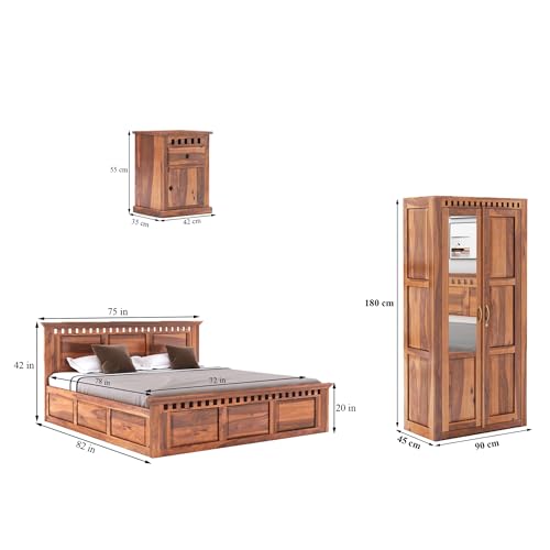 Image of SONA ART & CRAFTS Kuber Solid Sheesham Wood Bedroom Set | King Size Bed with Box Storage, Wardrobe & Two Bedside Tables - Natural Finish (Assembly Included)