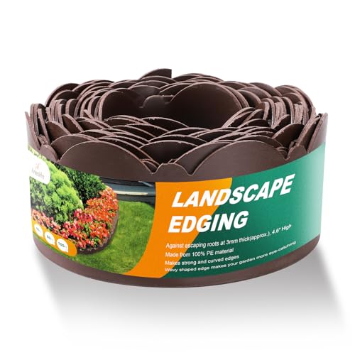 Plastic Garden Landscape Edging, 4.6” Tall Border Coil, Flexible and Strengthened with Anti-UV Treatment (100FT, Brown)