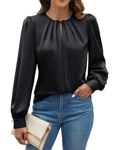 Blooming Jelly Womens Dressy Casual Blouses Satin Long Sleeve Shirts Pleated Business Tops Trendy Fall Outfits
