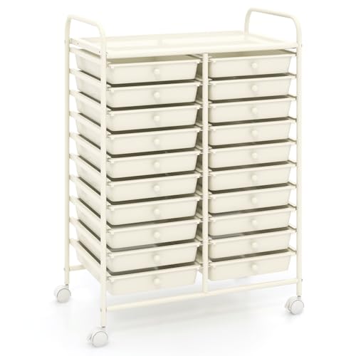 GOFLAME 20-Drawer Rolling Storage Cart, Multifunctional Art Craft Organizer, Mobile Utility Storage with Removable Drawers & Lockable Wheels, Craft Cart for Home Office, White
